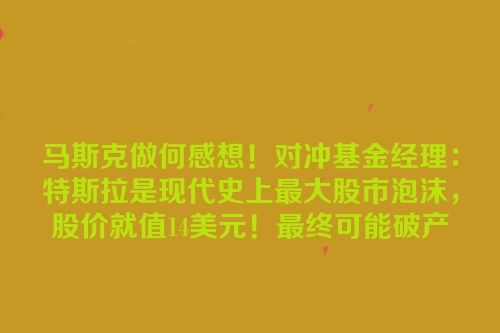马斯克做何感想！对冲基金经理：特斯拉是现代史上最大股市泡沫，股价就值14美元！最终可能破产