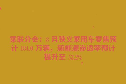 乘联分会：8 月狭义乘用车零售预计 184.0 万辆，新能源渗透率预计提升至 53.2%