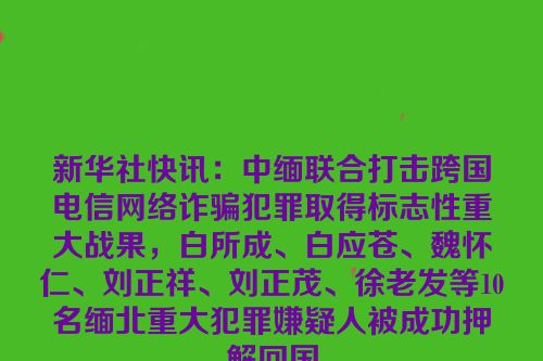 新华社快讯：中缅联合打击跨国电信网络诈骗犯罪取得标志性重大战果，白所成、白应苍、魏怀仁、刘正祥、刘正茂、徐老发等10名缅北重大犯罪嫌疑人被成功押解回国