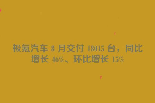 极氪汽车 8 月交付 18015 台，同比增长 46%、环比增长 15%